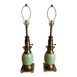 Vintage Stiffel Celadon Green Ceramic & Solid Brass “Ostrich Egg” Table Lamps – Pair For Sale