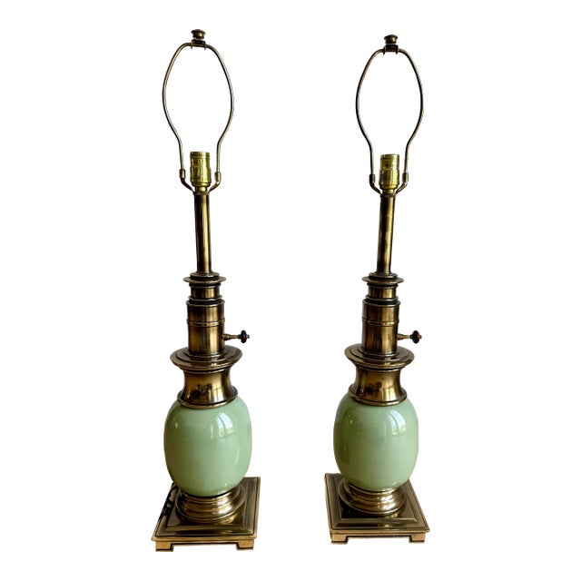 Vintage Stiffel Celadon Green Ceramic & Solid Brass “Ostrich Egg” Table Lamps – Pair For Sale