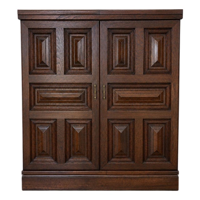 Vintage Ricardo Lynn Brutalist Bar Cabinet | 1960s Asian Modern Expanding Dry Bar | Fold-Out Cocktail Cabinet | Mid Century Furniture For Sale