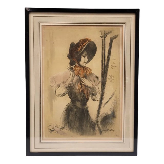 Armand Berton, Young Man with a Hat in Front of the Mirror, 1800s, Etching For Sale
