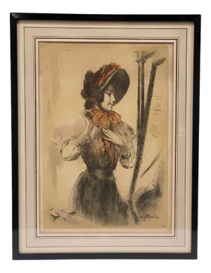Armand Berton, Young Man with a Hat in Front of the Mirror, 1800s, Etching
