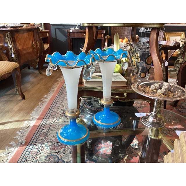 19th Century French Blue and White Opaline Glass Vases, Pair For Sale - Image 5 of 8