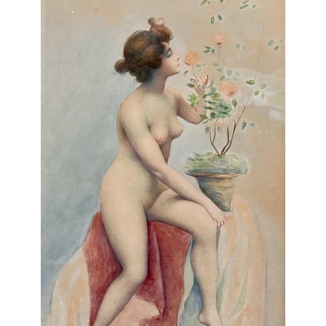 J. Salmony, Young Naked Woman and Rose Bush, Watercolor For Sale - Image 3 of 7