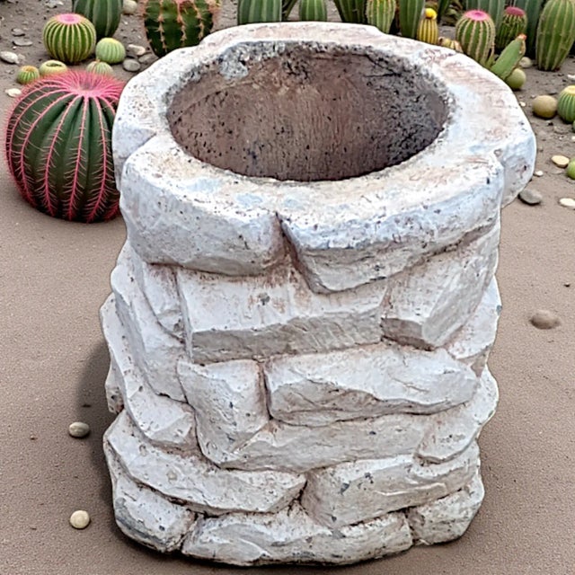 1986 White Washed Faux Stacked Riverstone Outdoor Cement Planter For Sale - Image 4 of 14