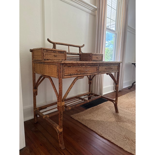 English Vintage British Colonial Style Faux Burnt Bamboo and Grasscloth Pagoda Desk For Sale - Image 3 of 4