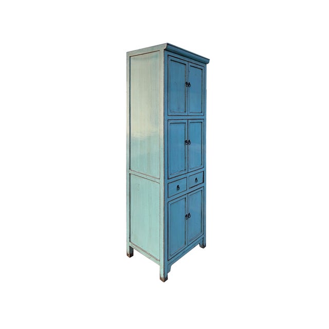 2000 - 2009 Distressed Turquoise Aqua Blue Tall Slim Shelves Drawers Storage Cabinet For Sale - Image 5 of 5
