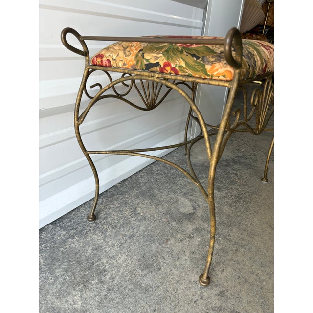 Rococo 1970s Vintage Italian Gold Gilt Brass Boudoir Hollywood Regency Vanity Bench With Attached Cushion For Sale - Image 3 of 6