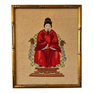 Midcentury Ancestor Portrait Needlepoint Embroidery Framed For Sale