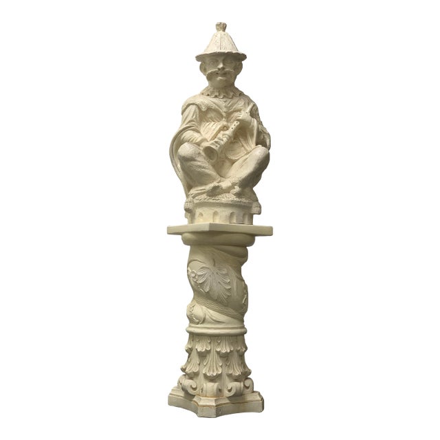Vintage Chinoiserie Statue 50”Musician With Flute on Pedestal For Sale