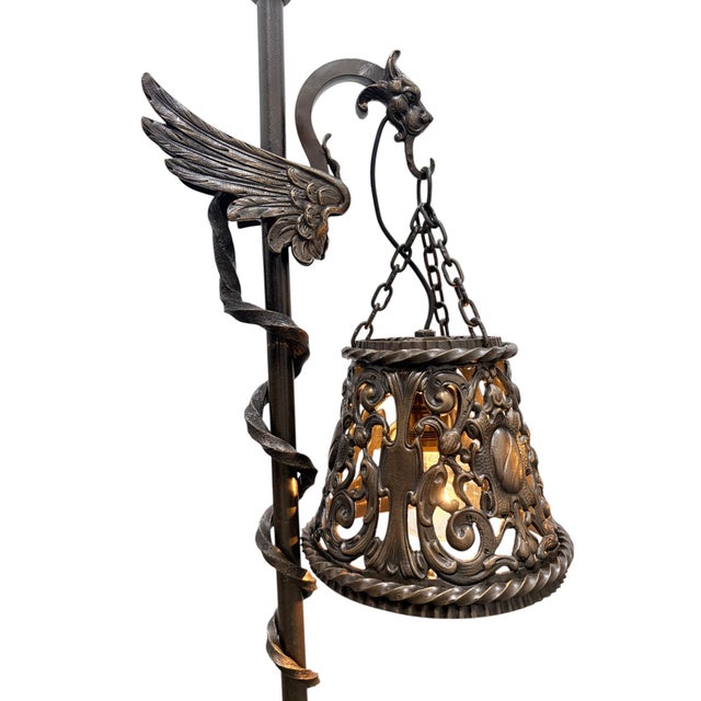 1910s Spanish Revival Cast Bronze Davenport Accent Floor Lamps with Flying Dragons, Twisted Tails - Restored Rewired For Sale - Image 12 of 16