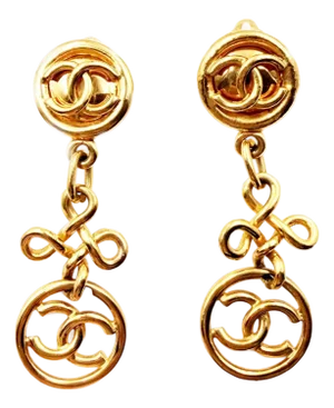 Chanel Vintage Gold Plated Round CC Twisted Cross Long Clip on Earrings, A Pair