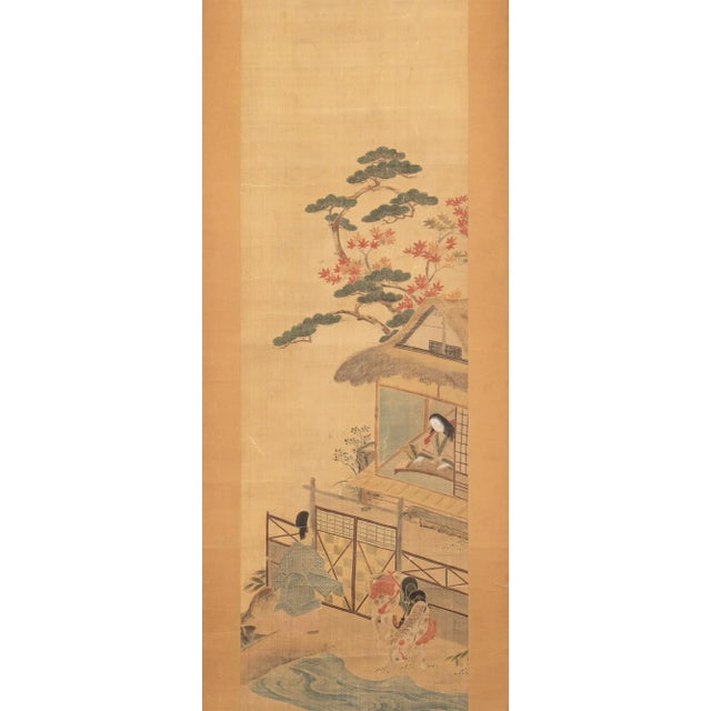 Japanese Meiji Era Japanese Painted Silk Scroll Inspired by "The Tale of Genji" Story For Sale - Image 3 of 12