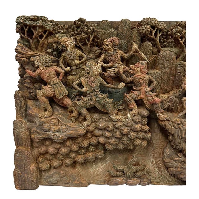 Arts & Crafts Early 20th Century Ramayana Scene Wood Carving, Wall Hanging For Sale - Image 3 of 8