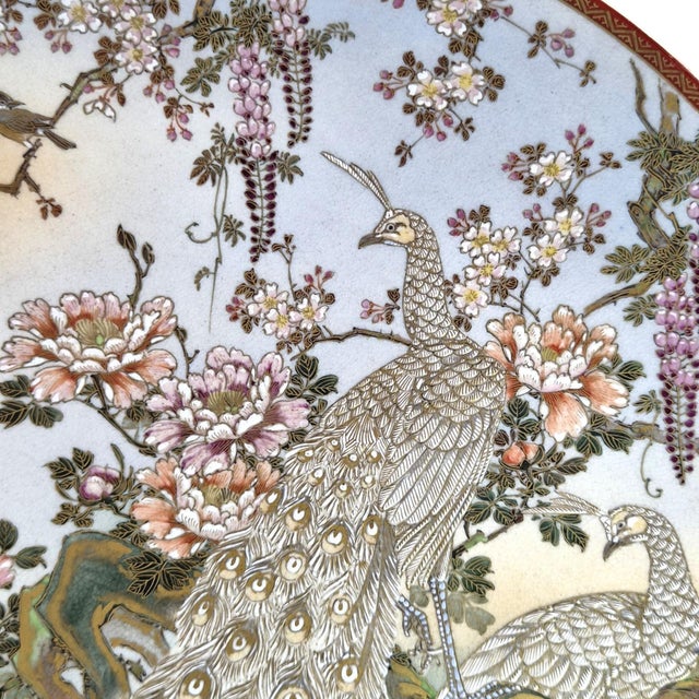 Large Meiji Japanese Satsuma Moriage Charger with Peacocks and Wisteria For Sale - Image 5 of 11