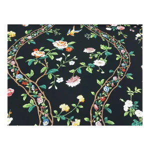 Brunschwig & Fils Silk Road Victoria & Albert Cotton Floral Bird Drapery Fabric Black Onyx