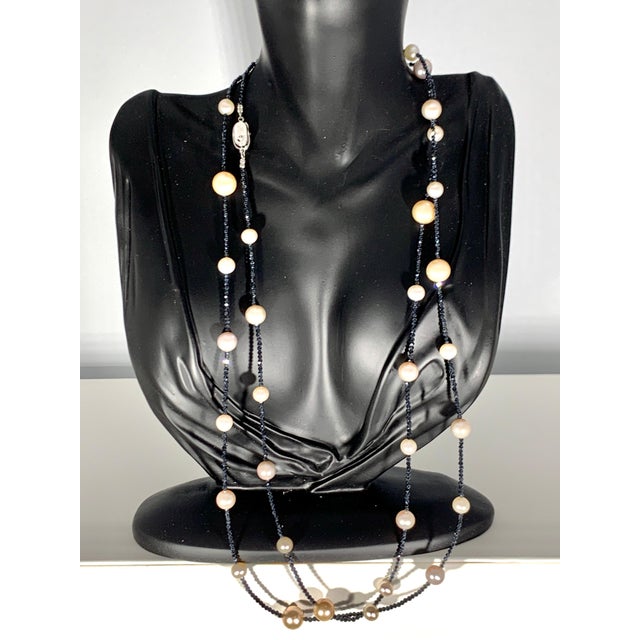 Fresh Water Pearl Single Strand Necklace with Black Spinel Opera Length 46 Inch For Sale - Image 4 of 18