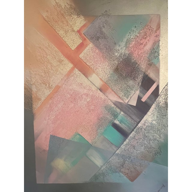 Vintage Postmodern 1980s Abstract Large Canvas Oil Painting Wall Art Pink Signed For Sale In Palm Springs - Image 6 of 12