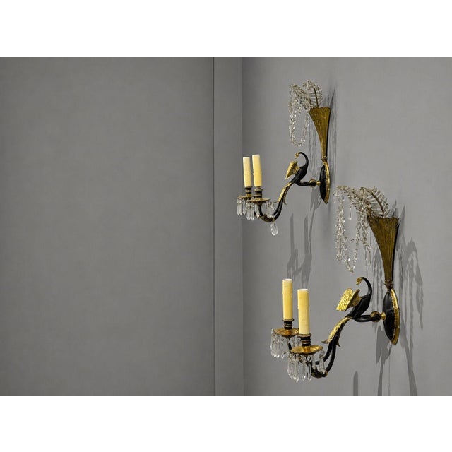 Hollywood Regency 1930s Neoclassical Style, Swan Sconces, Gilt Metal, Crystal, France - a Pair For Sale - Image 3 of 11
