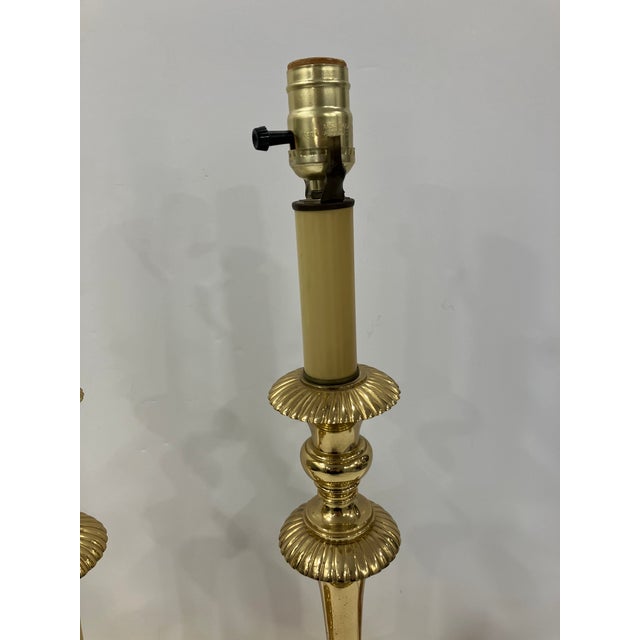Hollywood Regency Pair of 1990s Gold Plated Candlestick Lamps For Sale - Image 3 of 11