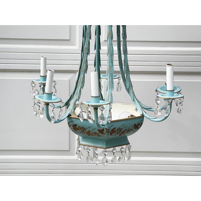 Vintage French Tiffany Blue and Gold Gilt Tole Metal Chandelier With Clear Crystals For Sale In New York - Image 6 of 11