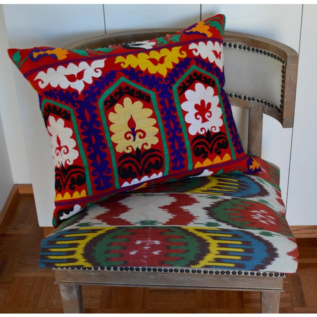 18" x 24" On-of-a-Kind double sided embroidered ikat pillow featuring two different fabrics and patterns. Knife-edged....