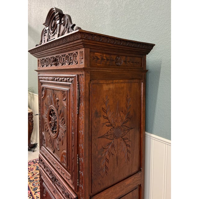 Brown Antique French Breton Armoire Wardrobe Linen Cabinet Double Doors Drawer C. 1900 For Sale - Image 8 of 18