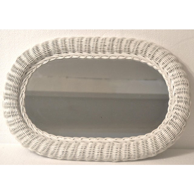 Mid-Century Modern 1970s Mid-Century Modern White Oval Handwoven Rattan Pencil Reed Wall Mirror For Sale - Image 3 of 13