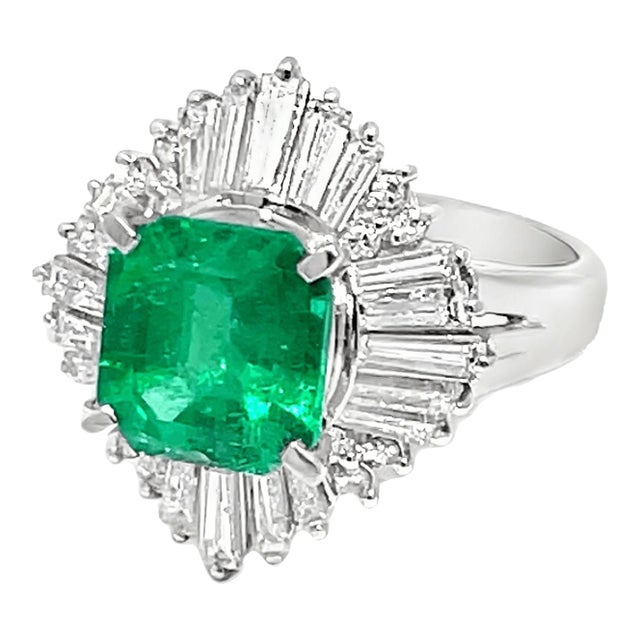Platinum 2.15ct Emerald & 1.27ctw Diamond Ballerina Cocktail Ring, Size 6 For Sale