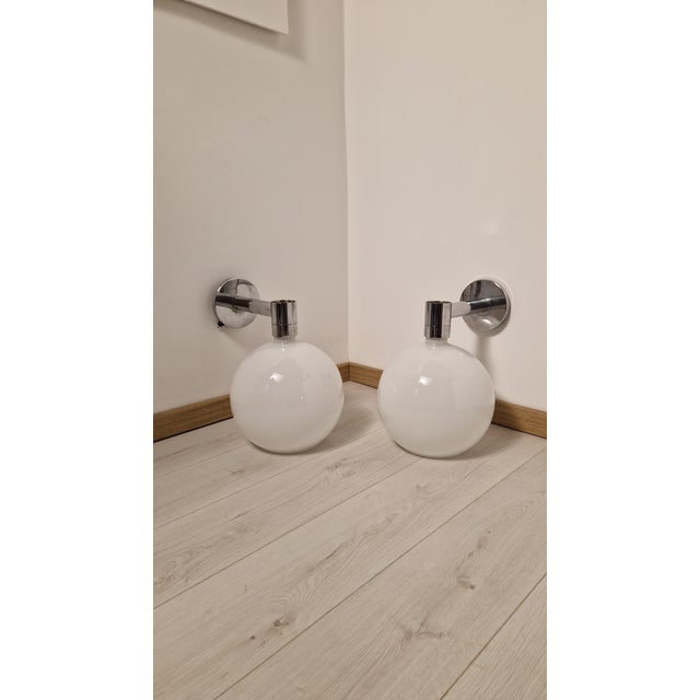 Silver Wall Lamps with Spherical Opal Glass Diffusers by Franco Albini for Sirrah, 1970s, Set of 2 For Sale - Image 8 of 12