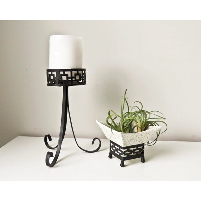 This modern Mid Century candlestick and vase set is so unique. The black metal on both has a geometric square and...