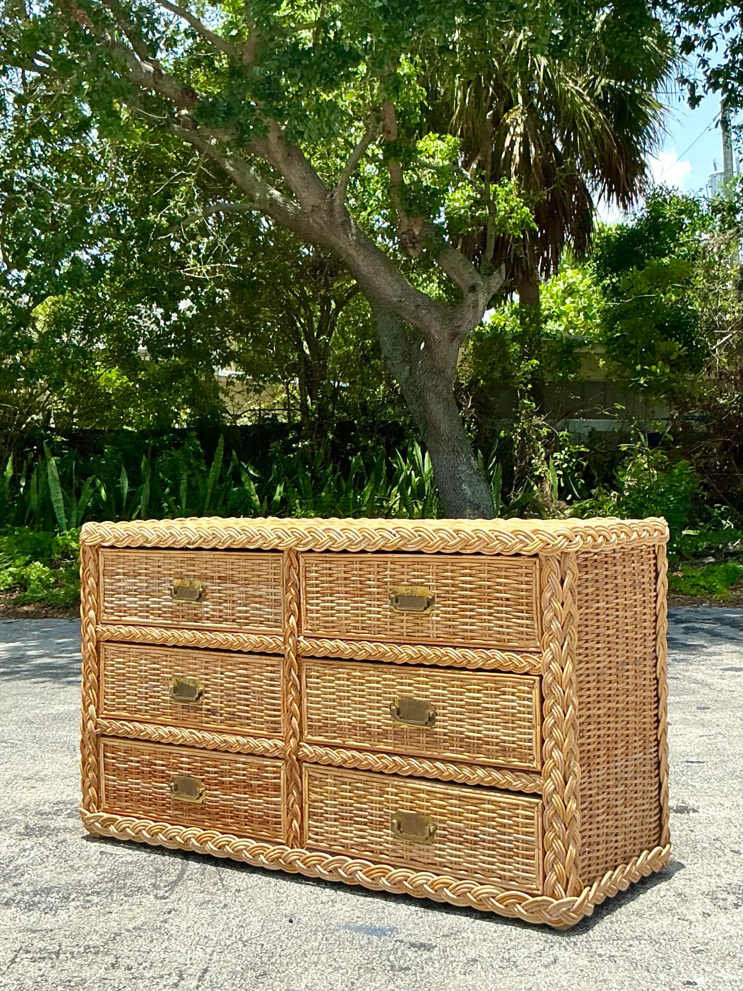 Vintage Braided Light Rattan Dresser | Chairish