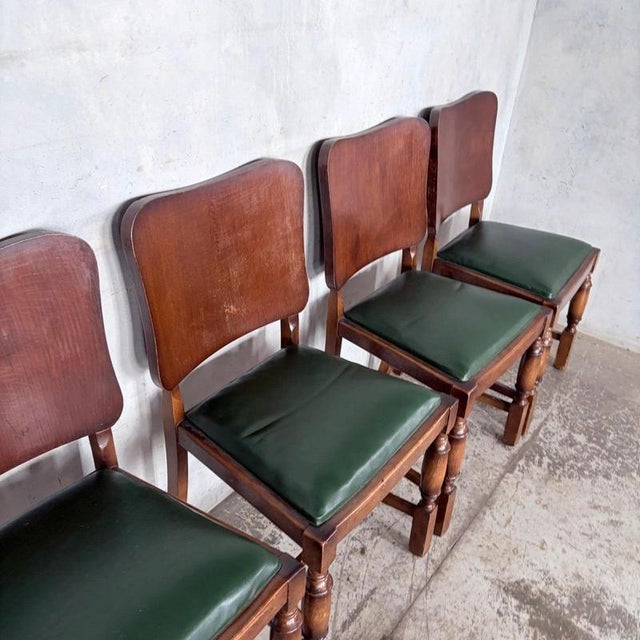 Gold Arts and Crafts Art Deco Oak Dining Chairs with Green Vinyl Seats, Set of 4 For Sale - Image 8 of 9