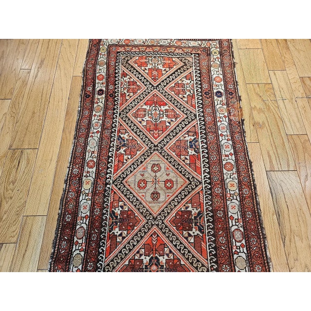 Antique Persian Malayer Handwoven Runner, Geometric Tribal Pattern, Red & Ivory, 4’ X 12’ For Sale - Image 9 of 12