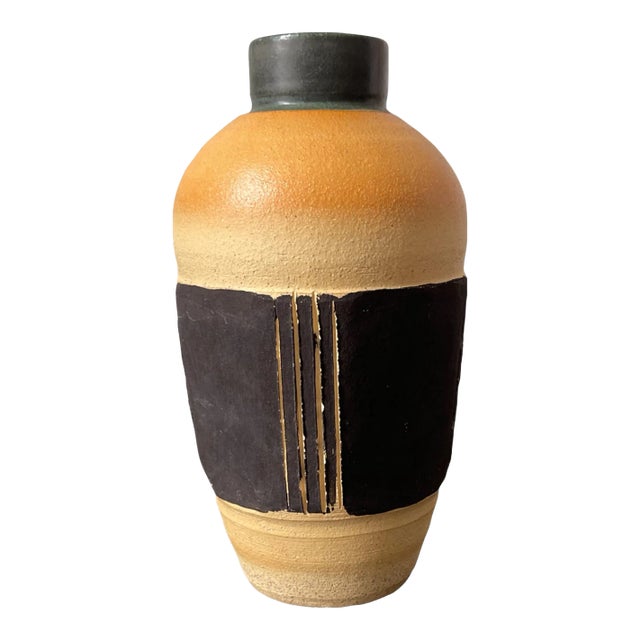 Mid-Century Artisan Zen Textured Stoneware Pottery Vase Vessel, Signed For Sale
