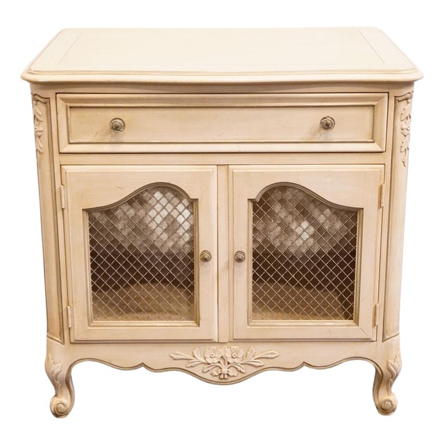Kindel Furniture Rochelle Collection Cream Pained Country French Provincial 26" Cabinet Nightstand W. Grilled Doors 311-41-41 For Sale