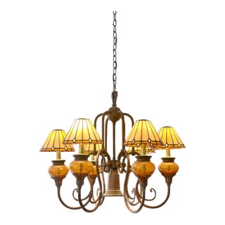 Vintage Mission Style 6-Light Large Chandelier Amber Glass Wrought-Iron For Sale