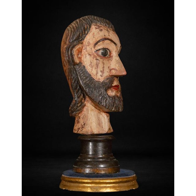 Mexican Spanish Colonial Artist, Carved Head of a Saint, Late 16th-Early 17th Century, Wood For Sale - Image 5 of 7