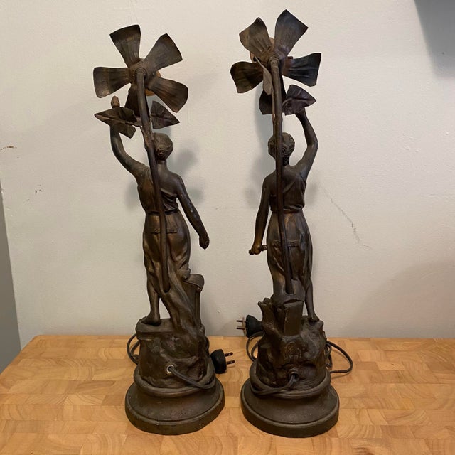 Late 19th Century Late 19th-Century French Nouveau Arts Sciences Cast Spelter Figural Lamps - Set of 2 For Sale - Image 5 of 12