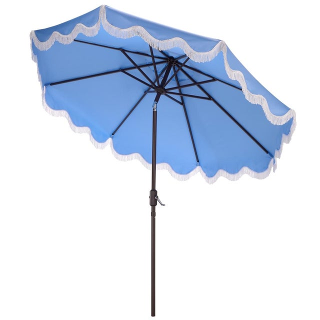 Metal Torsa 9 Ft Crank Umbrella, Baby Blue/Brown Pole For Sale - Image 7 of 9