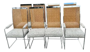 Set of Eight Milo Baughman for Thayer Coggin Chrome and Cane Dining Chairs