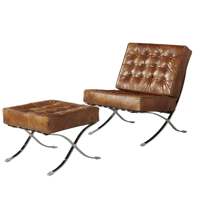 Francisco Modern Curule Style Chair and Ottoman Set - Brown Leather For Sale In Chicago - Image 6 of 12