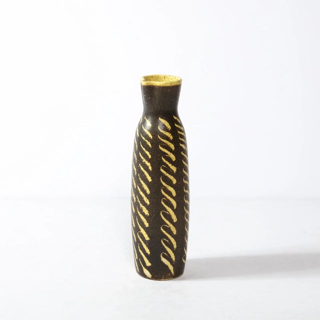 Mid-Century Modern Mid-Century Vase in Burnt Umber W/ Dandelion Yellow Hand-Brushed Patterned Glaze For Sale - Image 3 of 12