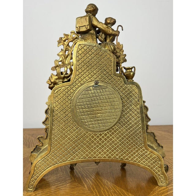 Vintage French Brass Ornate Romantic Couple Mantel Clock For Sale - Image 13 of 16
