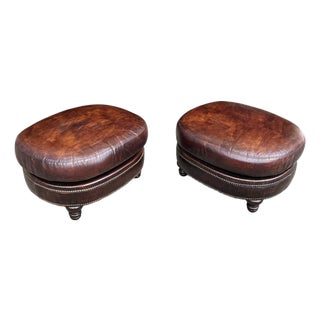 Vintage Oval Brown Leather Ottomans With Brass Nailhead Trim – A Pair For Sale