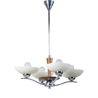 Art Deco Chandelier in Chromed Steel and Beech, Czech, 1920s For Sale
