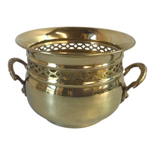 Vintage Round Brass Planter With Lion’s Mask Handles For Sale