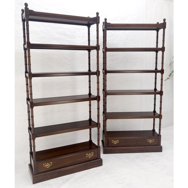 Pair of 6 Tier Faux Bamboo Bottom Drawer Cherry Bookcases Round Ball Finials For Sale - Image 13 of 14