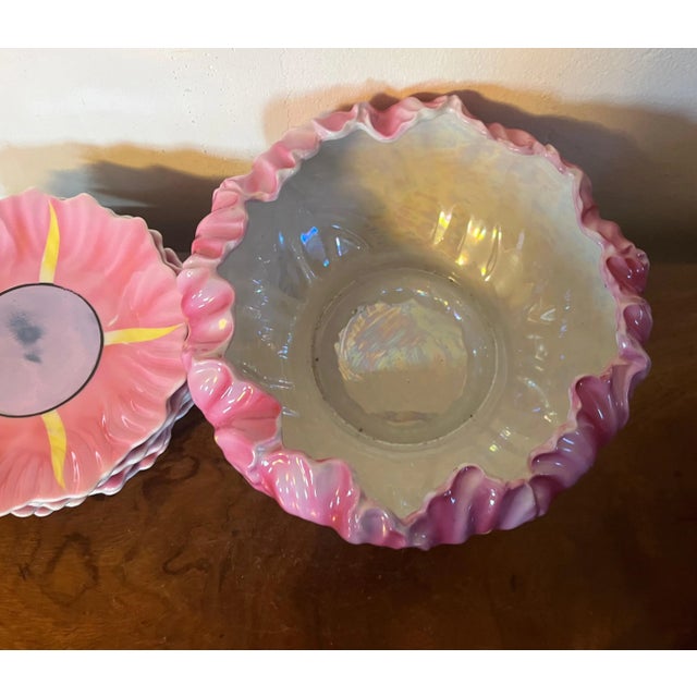 Pink Takito Japan Lusterware Porcelain Flower Form Fruit Bowl and Serving Plates 1930 - Set of 7 For Sale - Image 8 of 13