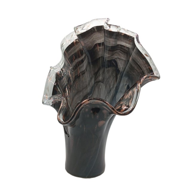 Modern Vintage Italian Black Swirl Ruffled Large Glass Vase For Sale - Image 3 of 8