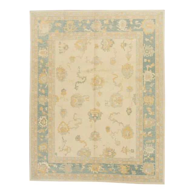 Early 21st Century Beige & Blue Handwoven Turkish Oushak Rug 7'10" X 10'2" For Sale